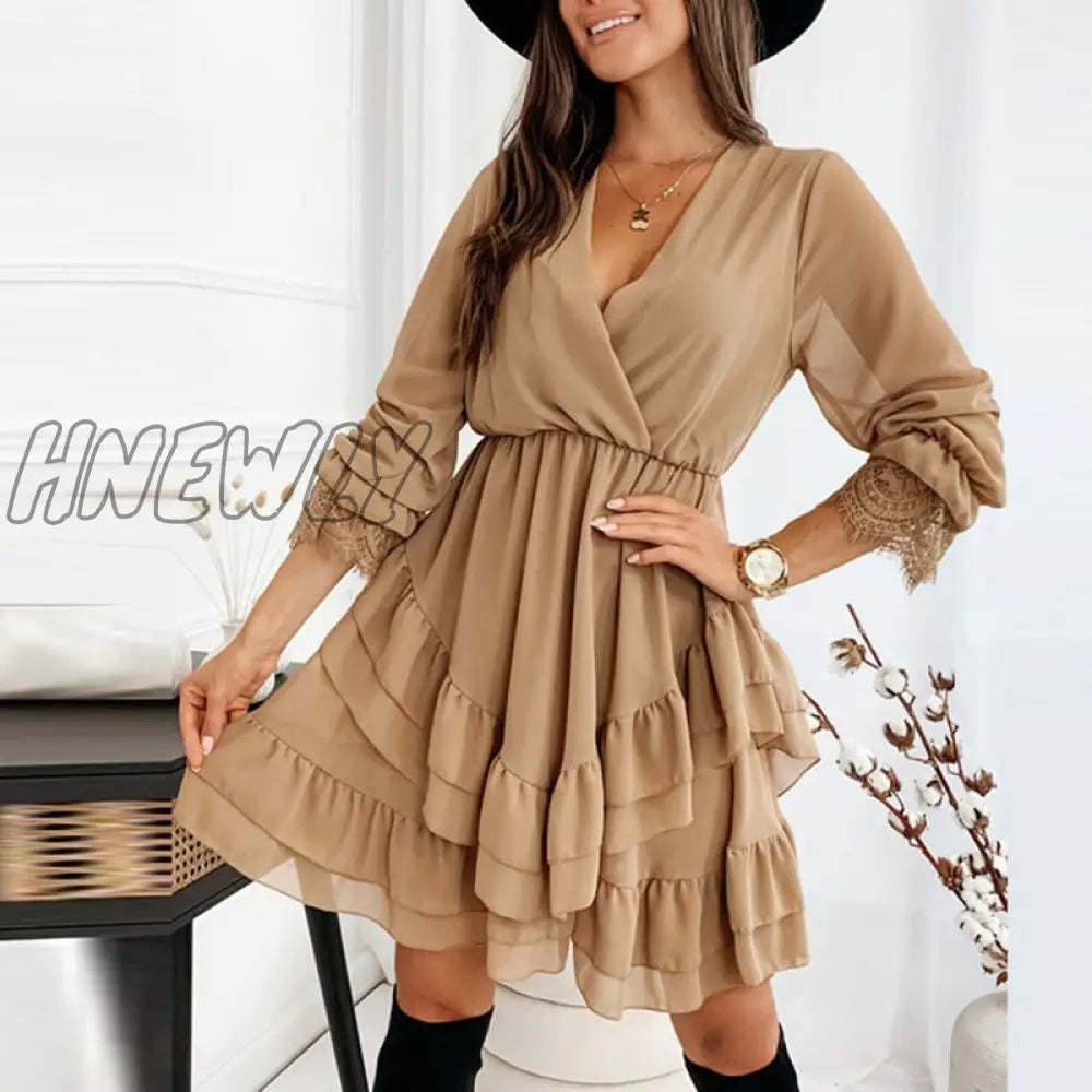 xsrrr Spring New Ladies Casual Office Mini Dress Summer Wrap V Neck Elastic Waist Party Dress For Women Ruffled Chiffon Dress Spring Outfits Trends