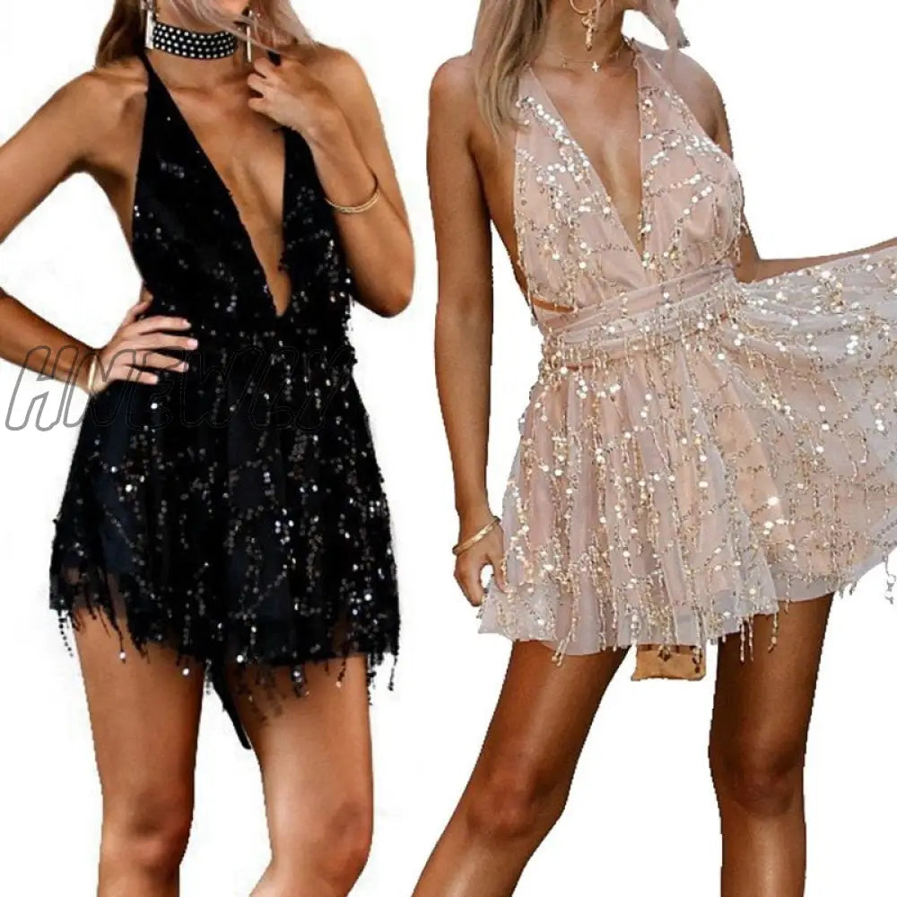 xsrrr Spring Party Dresses Sexy Dresses Women Backless Halter Black Gold Mini Dress Party Tassel Dress Women Club Wear