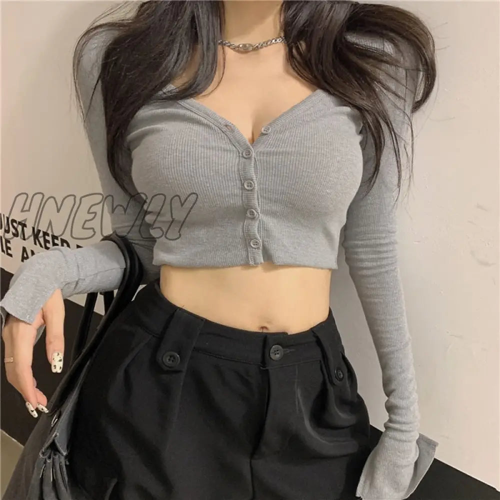 xsrrr Spring Sexy Low-cut V-neck Long-sleeved Knitted Cardigan Women Short Thread T-shirt Navel Bottoming Shirt Tight Top