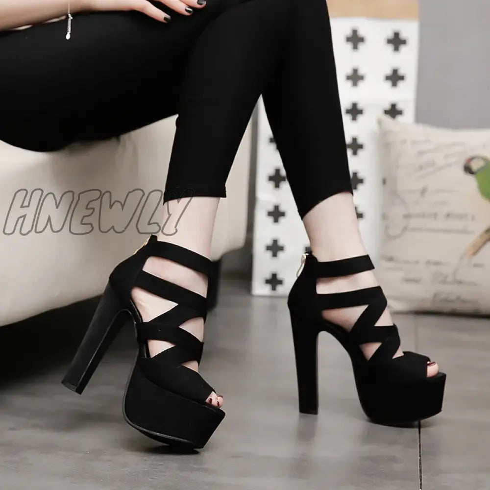 Hnewly Spring Summer 15CM Fashion Thick With Sandals Fish Mouth Shoes High-heeled Hollow Sandals Nightclub High Sandalias Mujer