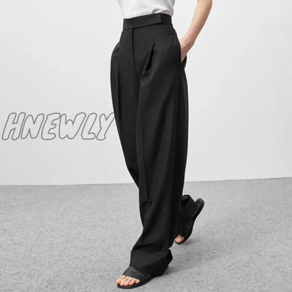 Hnewly Spring Summer Black Ladies Office Trousers Women High Waist Pants Pockets Female Pleated Wide Leg Pants Solid