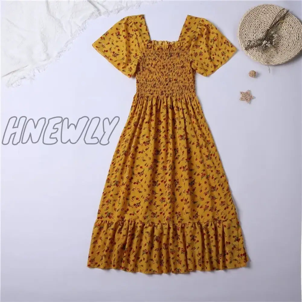 xsrrr Spring Summer Chiffon Dress Women Midi DressesFemale Short Sleeve Elastic Waist Printed Floral Pleated Backless Casual Dress