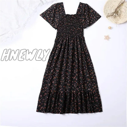 xsrrr Spring Summer Chiffon Dress Women Midi DressesFemale Short Sleeve Elastic Waist Printed Floral Pleated Backless Casual Dress