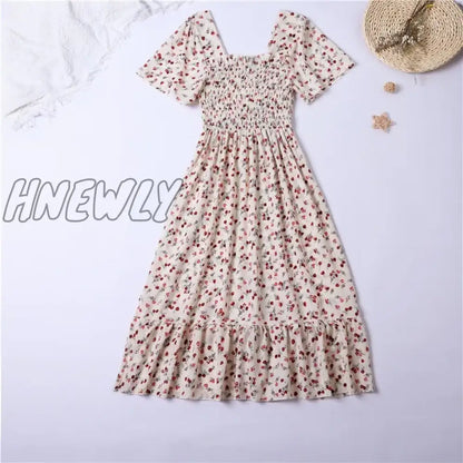 xsrrr Spring Summer Chiffon Dress Women Midi DressesFemale Short Sleeve Elastic Waist Printed Floral Pleated Backless Casual Dress