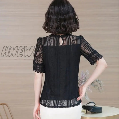 Hnewly Spring Summer Elegant Temperament Shirt Women's O-neck Half Sleeve Lace Blouses Female Hollow Out Solid Color Tops Plus 5XL