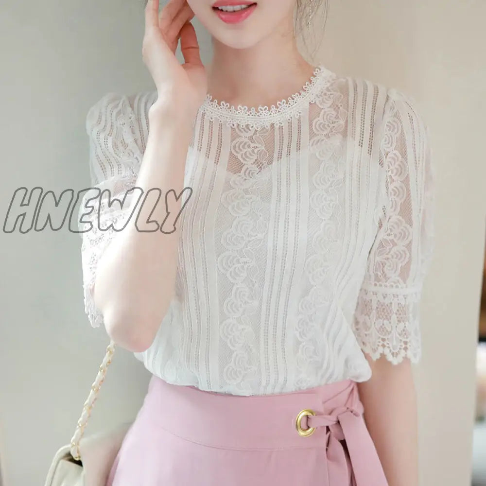 Hnewly Spring Summer Elegant Temperament Shirt Women's O-neck Half Sleeve Lace Blouses Female Hollow Out Solid Color Tops Plus 5XL