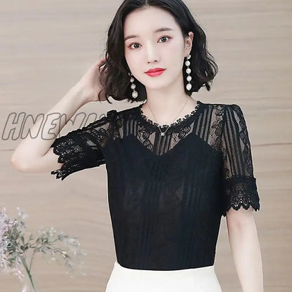 Hnewly Spring Summer Elegant Temperament Shirt Women's O-neck Half Sleeve Lace Blouses Female Hollow Out Solid Color Tops Plus 5XL