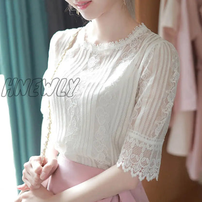 Hnewly Spring Summer Elegant Temperament Shirt Women's O-neck Half Sleeve Lace Blouses Female Hollow Out Solid Color Tops Plus 5XL