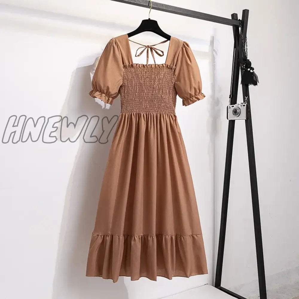 xsrrr Spring Summer Short Sleeve Casual Dresses Female Elastic Waist Pleated Backless Chiffon Dress Women Midi Dresses Vestidos