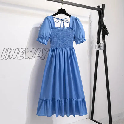 xsrrr Spring Summer Short Sleeve Casual Dresses Female Elastic Waist Pleated Backless Chiffon Dress Women Midi Dresses Vestidos