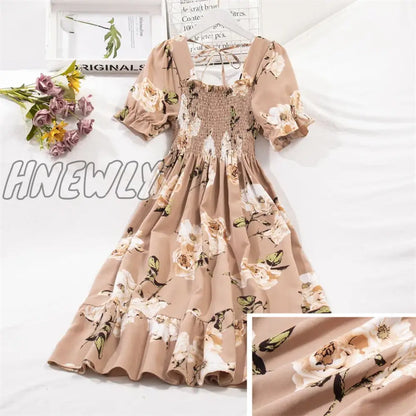 xsrrr Spring Summer Short Sleeve Chiffon Dresses Fashion Female Elastic Waist Pleated Casual Dress Women A-line Dresses Vestidos