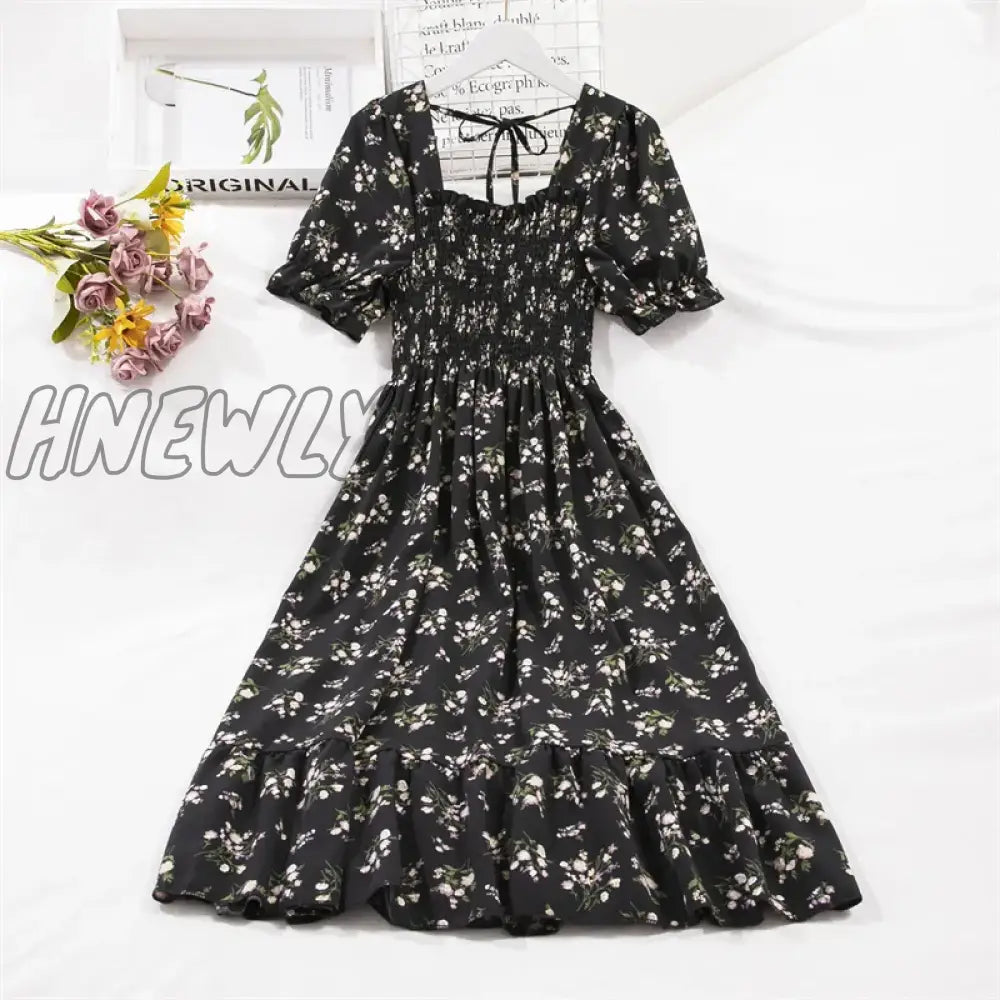 xsrrr Spring Summer Short Sleeve Chiffon Dresses Fashion Female Elastic Waist Pleated Casual Dress Women A-line Dresses Vestidos