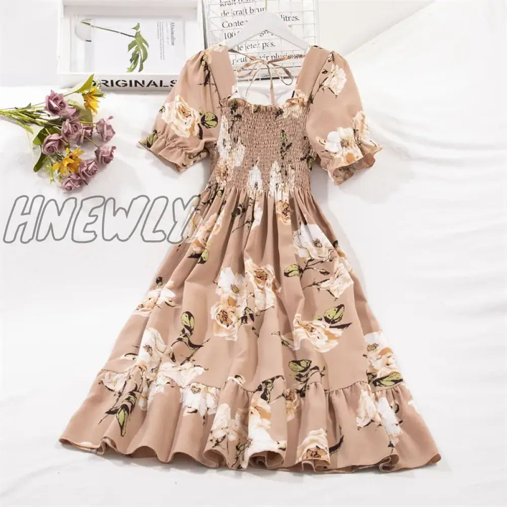 xsrrr Spring Summer Short Sleeve Chiffon Dresses Fashion Female Elastic Waist Pleated Casual Dress Women A-line Dresses Vestidos