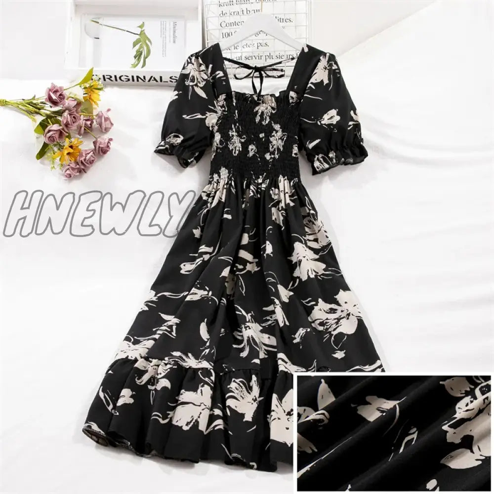 xsrrr Spring Summer Short Sleeve Chiffon Dresses Fashion Female Elastic Waist Pleated Casual Dress Women A-line Dresses Vestidos