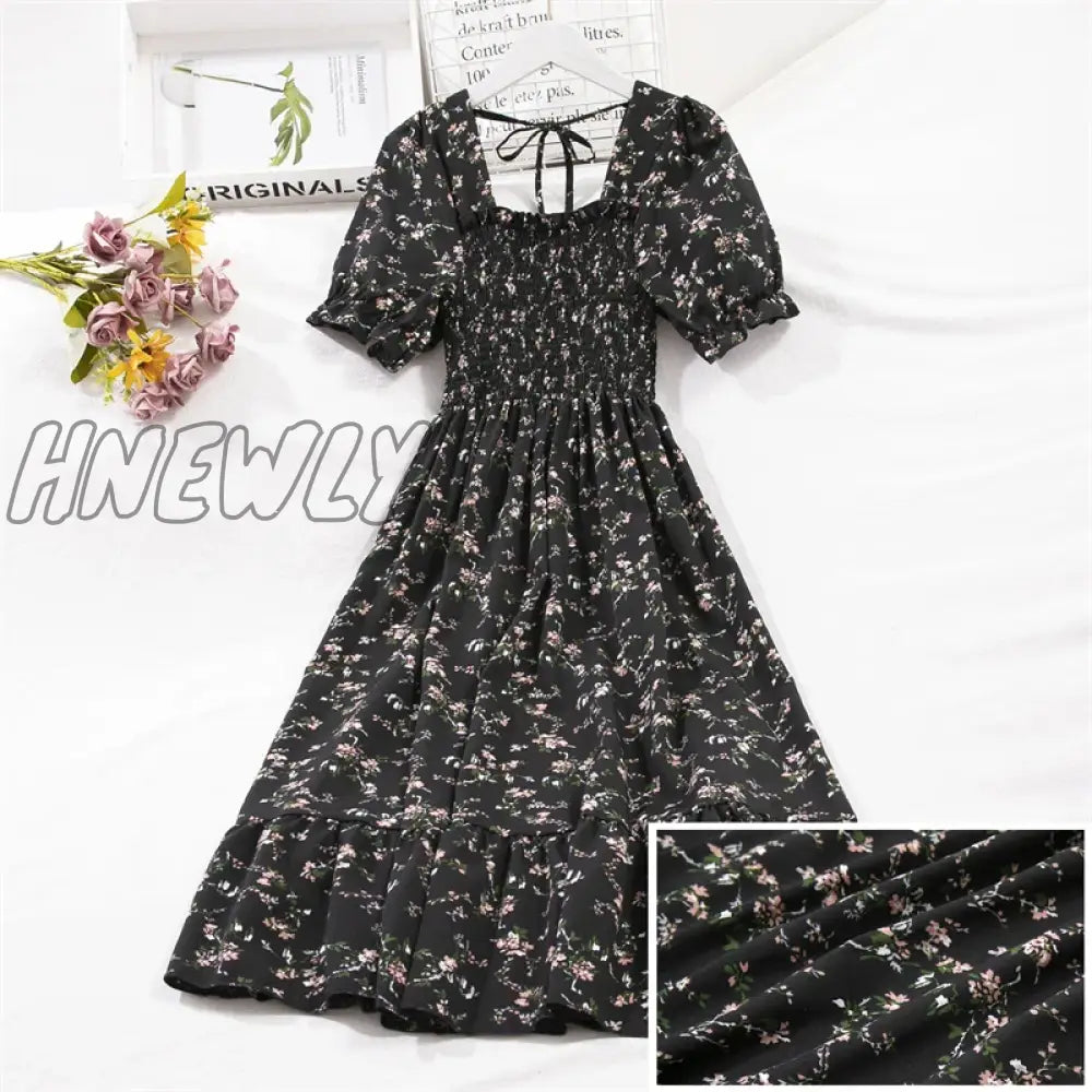 xsrrr Spring Summer Short Sleeve Chiffon Dresses Fashion Female Elastic Waist Pleated Casual Dress Women A-line Dresses Vestidos