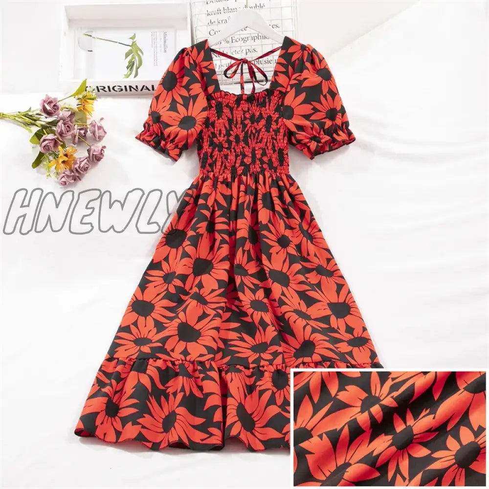 xsrrr Spring Summer Short Sleeve Chiffon Dresses Fashion Female Elastic Waist Pleated Casual Dress Women A-line Dresses Vestidos