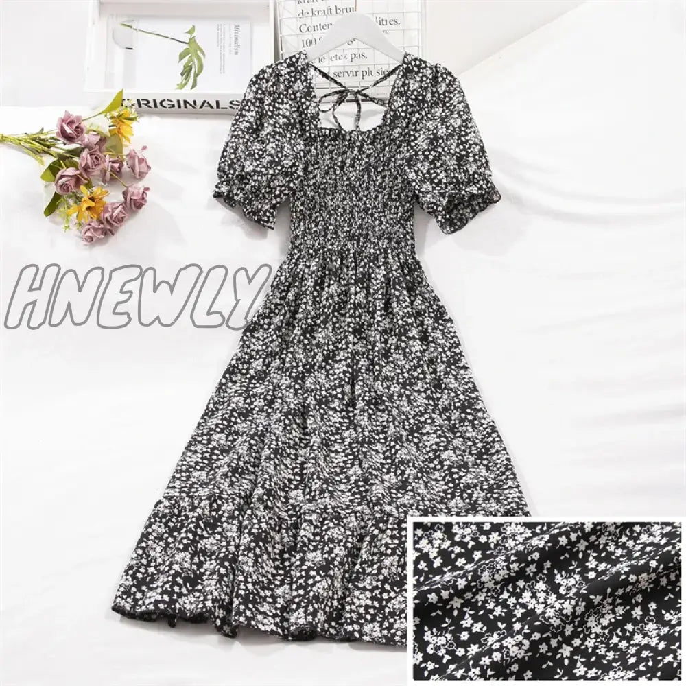 xsrrr Spring Summer Short Sleeve Chiffon Dresses Fashion Female Elastic Waist Pleated Casual Dress Women A-line Dresses Vestidos