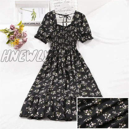 xsrrr Spring Summer Short Sleeve Chiffon Dresses Fashion Female Elastic Waist Pleated Casual Dress Women A-line Dresses Vestidos