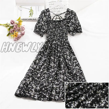 xsrrr Spring Summer Short Sleeve Chiffon Dresses Fashion Female Elastic Waist Pleated Casual Dress Women A-line Dresses Vestidos