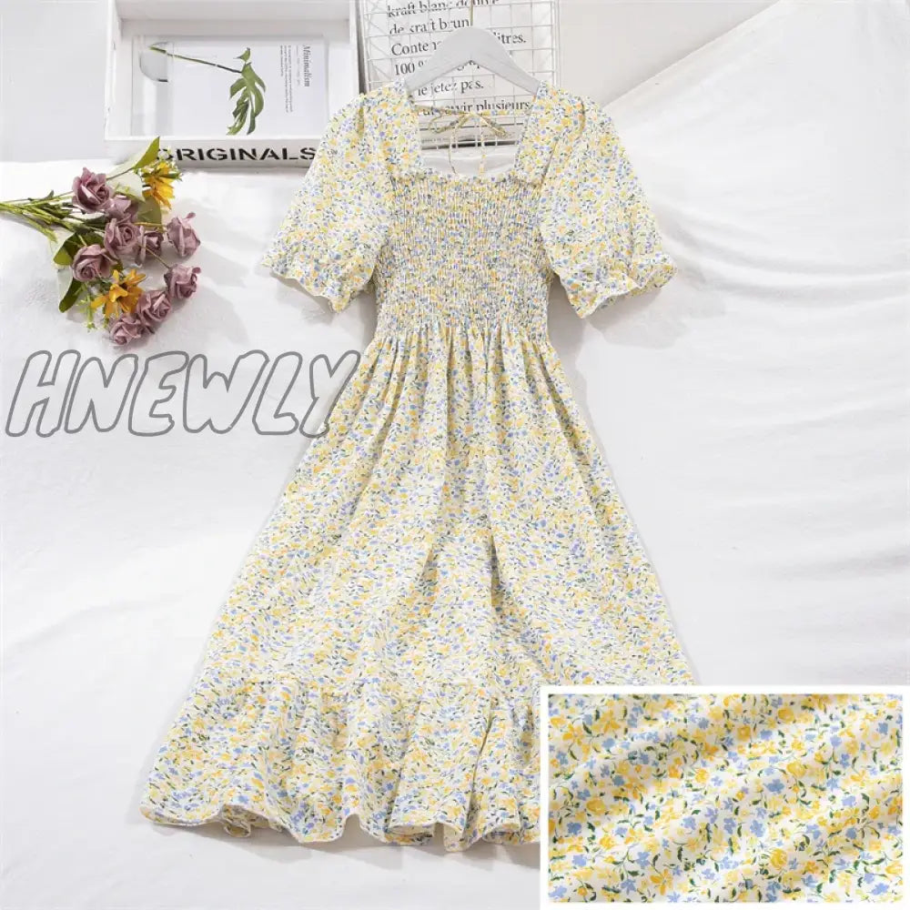 xsrrr Spring Summer Short Sleeve Chiffon Dresses Fashion Female Elastic Waist Pleated Casual Dress Women A-line Dresses Vestidos