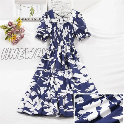 xsrrr Spring Summer Short Sleeve Chiffon Dresses Fashion Female Elastic Waist Pleated Casual Dress Women A-line Dresses Vestidos