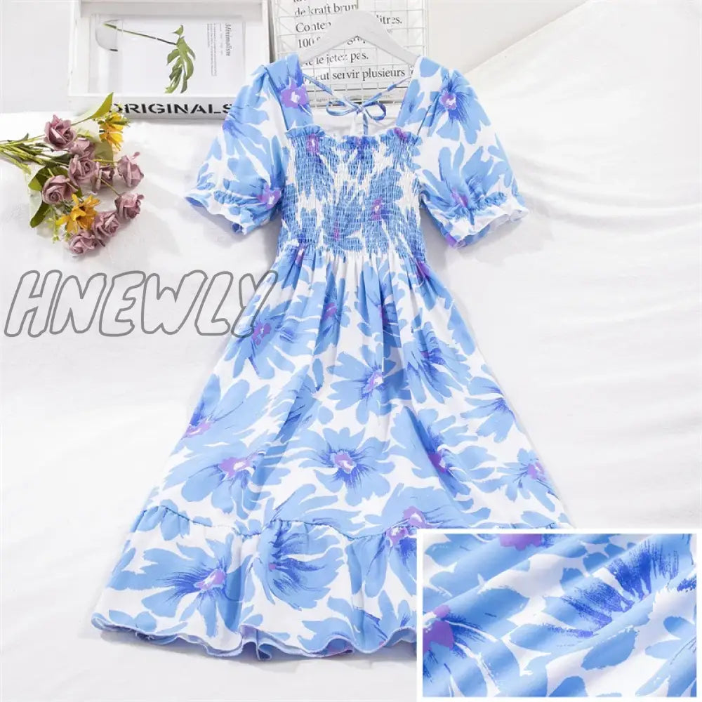 xsrrr Spring Summer Short Sleeve Chiffon Dresses Fashion Female Elastic Waist Pleated Casual Dress Women A-line Dresses Vestidos