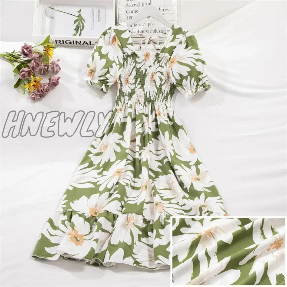 xsrrr Spring Summer Short Sleeve Chiffon Dresses Fashion Female Elastic Waist Pleated Casual Dress Women A-line Dresses Vestidos