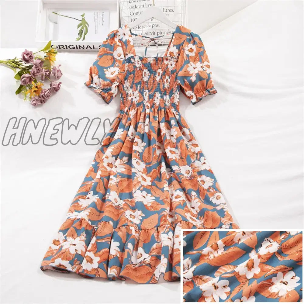 xsrrr Spring Summer Short Sleeve Chiffon Dresses Fashion Female Elastic Waist Pleated Casual Dress Women A-line Dresses Vestidos