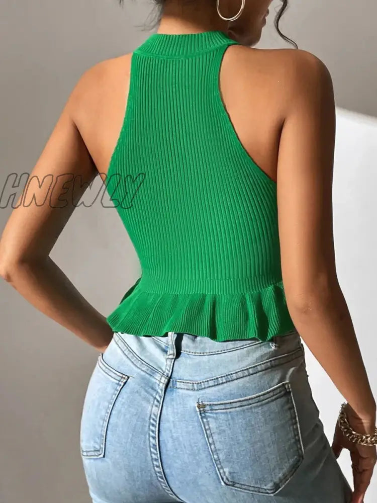 xsrrr Spring Summer Women Sleeveless Ruffle Hem Crop Knit Top Femme Coquette Casual Knitwear Corset Tank Tops Clothes