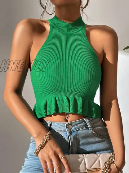 xsrrr Spring Summer Women Sleeveless Ruffle Hem Crop Knit Top Femme Coquette Casual Knitwear Corset Tank Tops Clothes