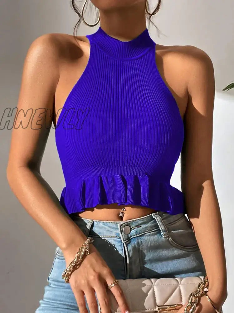 xsrrr Spring Summer Women Sleeveless Ruffle Hem Crop Knit Top Femme Coquette Casual Knitwear Corset Tank Tops Clothes