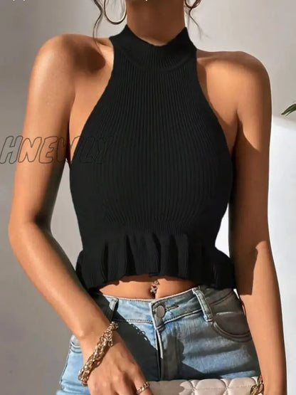 xsrrr Spring Summer Women Sleeveless Ruffle Hem Crop Knit Top Femme Coquette Casual Knitwear Corset Tank Tops Clothes