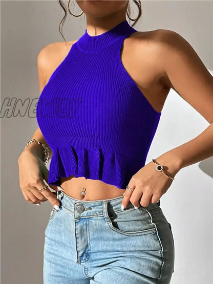 xsrrr Spring Summer Women Sleeveless Ruffle Hem Crop Knit Top Femme Coquette Casual Knitwear Corset Tank Tops Clothes