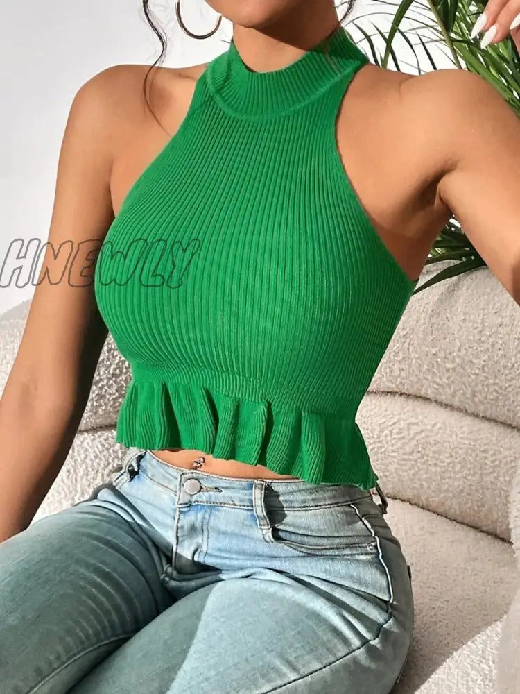 xsrrr Spring Summer Women Sleeveless Ruffle Hem Crop Knit Top Femme Coquette Casual Knitwear Corset Tank Tops Clothes