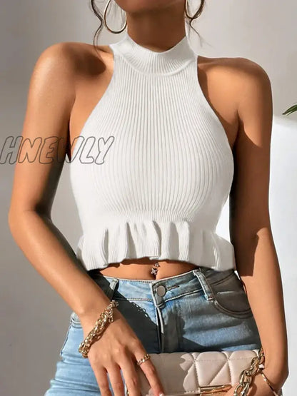 xsrrr Spring Summer Women Sleeveless Ruffle Hem Crop Knit Top Femme Coquette Casual Knitwear Corset Tank Tops Clothes