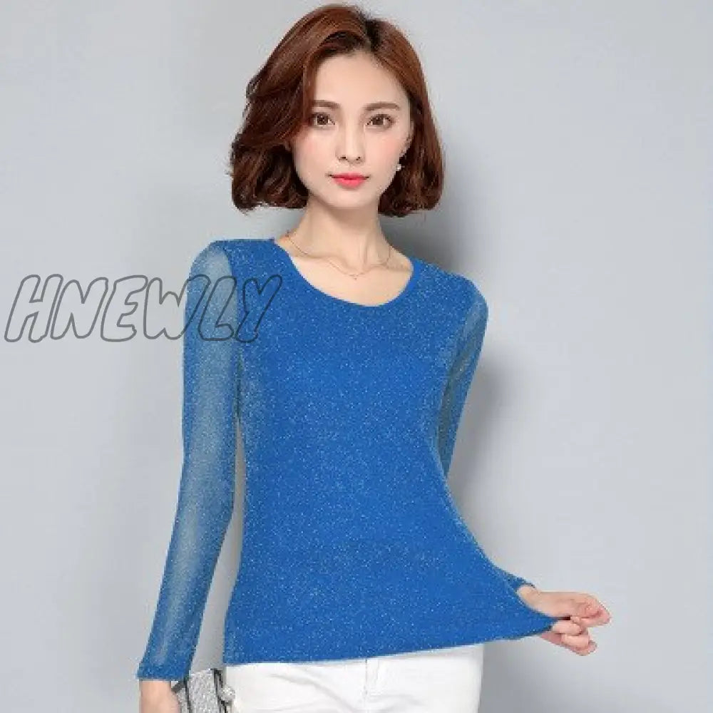 xsrrr Spring Summer Women's Sexy See Through Mesh Long Sleeve Transparent Shining Elegant Shirt Fashion Women Tops