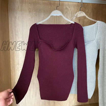 Hnewly Square Collar Long Sleeve Woman Sweaters Knitted Pullover Women Spring Autumn Sweater Winter Tops For Women Black White Jumper Spring Outfits Trends