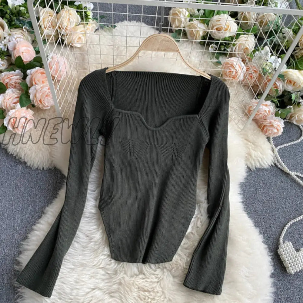 Hnewly Square Collar Long Sleeve Woman Sweaters Knitted Pullover Women Spring Autumn Sweater Winter Tops For Women Black White Jumper Spring Outfits Trends