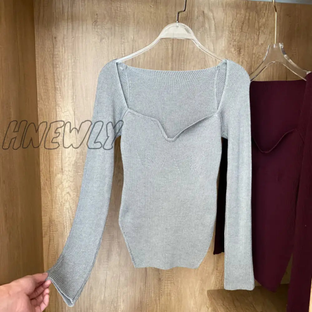 Hnewly Square Collar Long Sleeve Woman Sweaters Knitted Pullover Women Spring Autumn Sweater Winter Tops For Women Black White Jumper Spring Outfits Trends