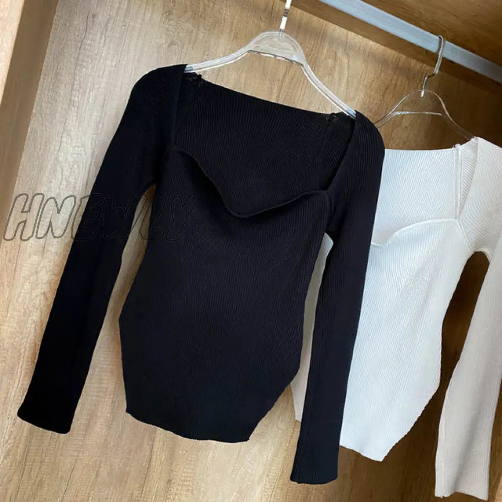 Hnewly Square Collar Long Sleeve Woman Sweaters Knitted Pullover Women Spring Autumn Sweater Winter Tops For Women Black White Jumper Spring Outfits Trends