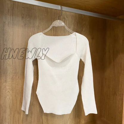 Hnewly Square Collar Long Sleeve Woman Sweaters Knitted Pullover Women Spring Autumn Sweater Winter Tops For Women Black White Jumper Spring Outfits Trends