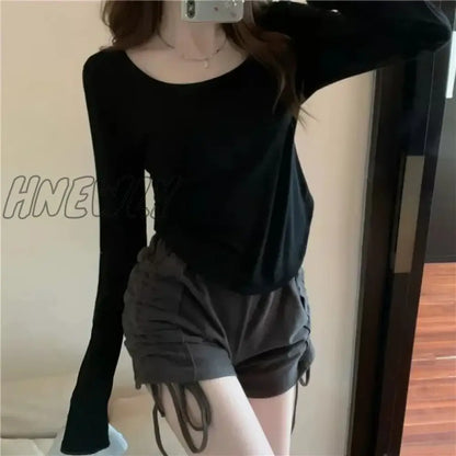 xsrrr Square Neck Long Sleeve T-Shirt Women Spring  Autumn  New Irregular Hem Slim Casual Top Winter Solid Bottom Shirts New Korean