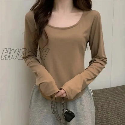 xsrrr Square Neck Long Sleeve T-Shirt Women Spring  Autumn  New Irregular Hem Slim Casual Top Winter Solid Bottom Shirts New Korean