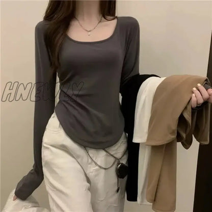 xsrrr Square Neck Long Sleeve T-Shirt Women Spring  Autumn  New Irregular Hem Slim Casual Top Winter Solid Bottom Shirts New Korean