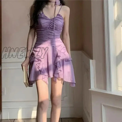 Hnewly Strap Dress for Women Summer New Design Sense Chiffon Holiday Fairy Birthday Dress with Waist Wrap Short Skirt