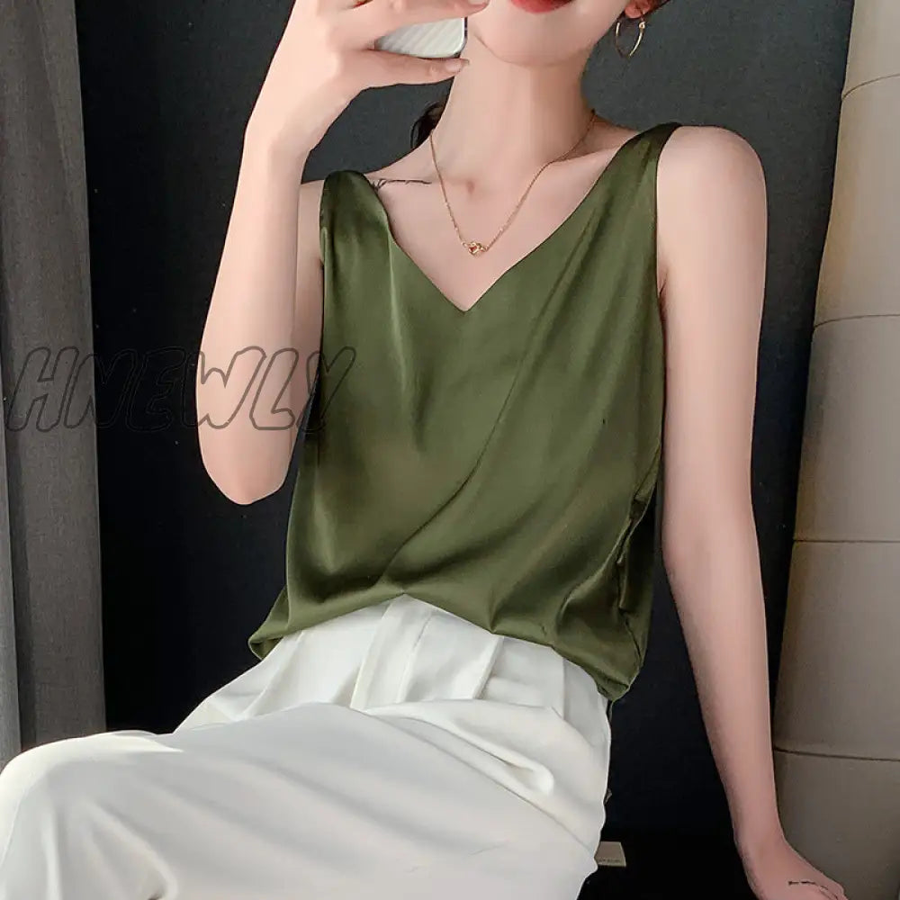 Hnewly Strap Top Women Halter V Neck Basic White Cami Sleeveless Satin Silk Tank Tops Women's Summer Camisole Plus Size Classic Style Women