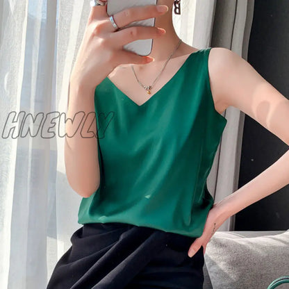 Hnewly Strap Top Women Halter V Neck Basic White Cami Sleeveless Satin Silk Tank Tops Women's Summer Camisole Plus Size Classic Style Women