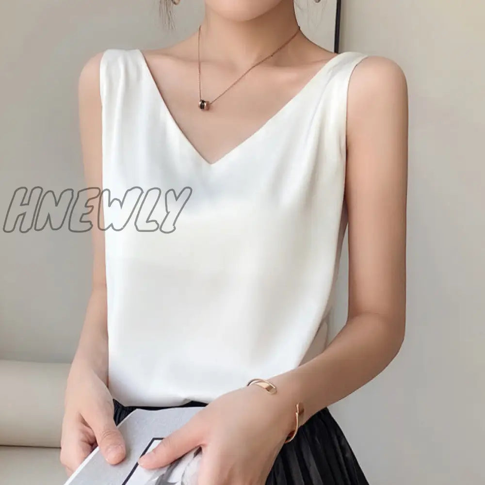 Hnewly Strap Top Women Halter V Neck Basic White Cami Sleeveless Satin Silk Tank Tops Women's Summer Camisole Plus Size Classic Style Women