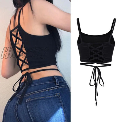 xsrrr Straps Solid Crop Top Tshirt Summer Sexy Hollow Out Vest Women Streetwear Y2K Party Club Camis Female