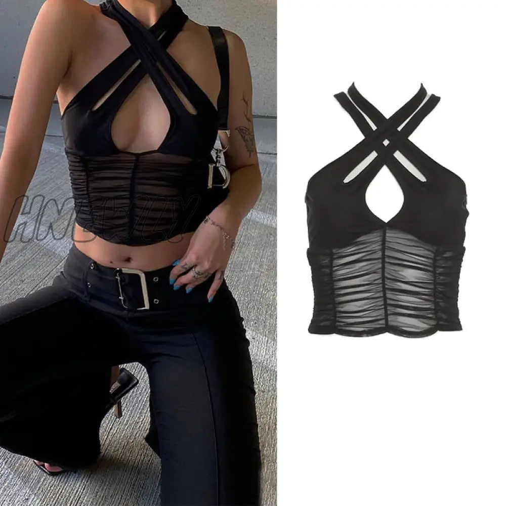 xsrrr Straps Solid Crop Top Tshirt Summer Sexy Hollow Out Vest Women Streetwear Y2K Party Club Camis Female